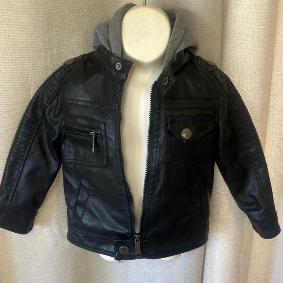 Urban Republic Kids 3T Faux Leather Blk Biker Motorcycle Hoodie Jacket - Picture 4 of 9